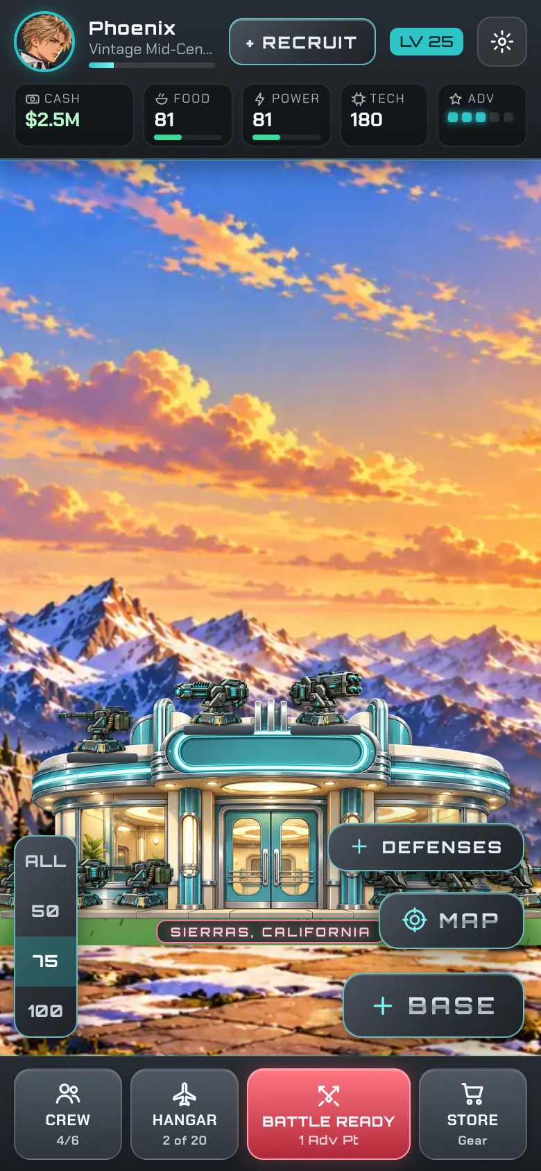 A base with turrets on the roof in front of the Sierra mountains